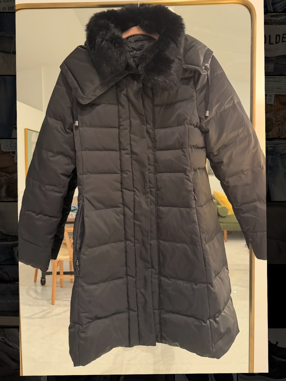 Elie Tahari Black Quilted Long Puffer Coat with Faux Fur Trim